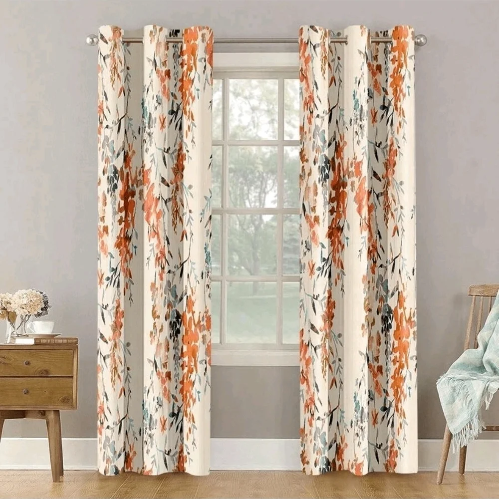 SHEIN Cream Curtains with Orange and Teal Floral Print